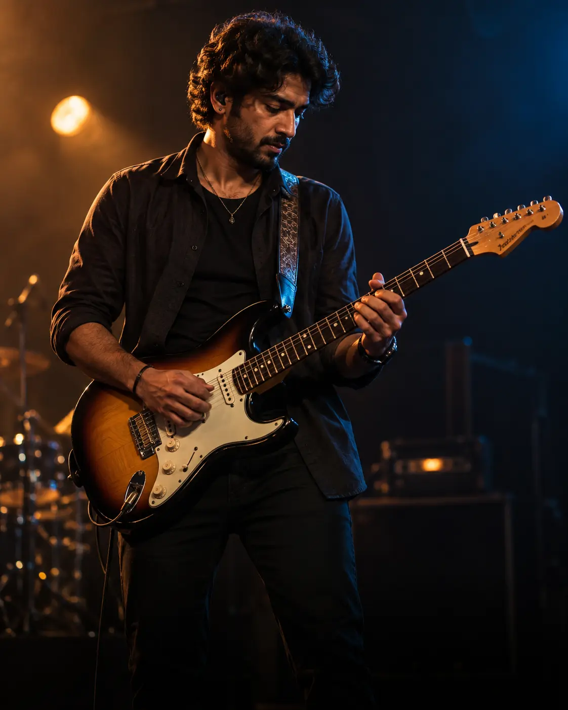 Rhythm musician performing with an electric guitar