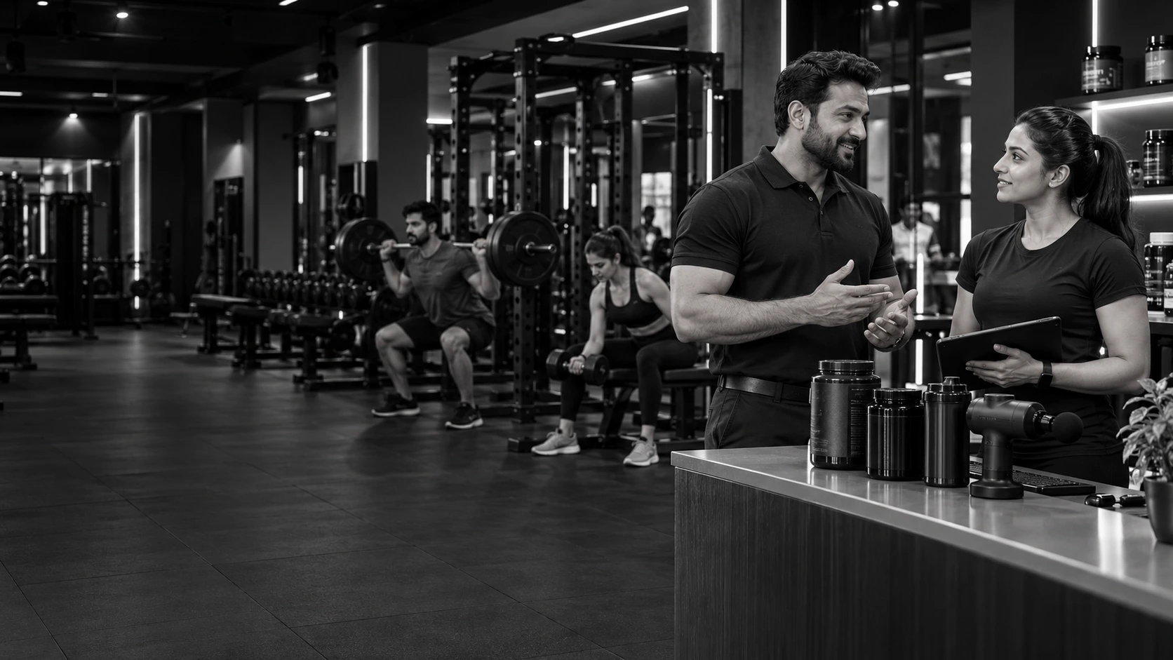 Gym owner and trainer discussing member support while adult members train